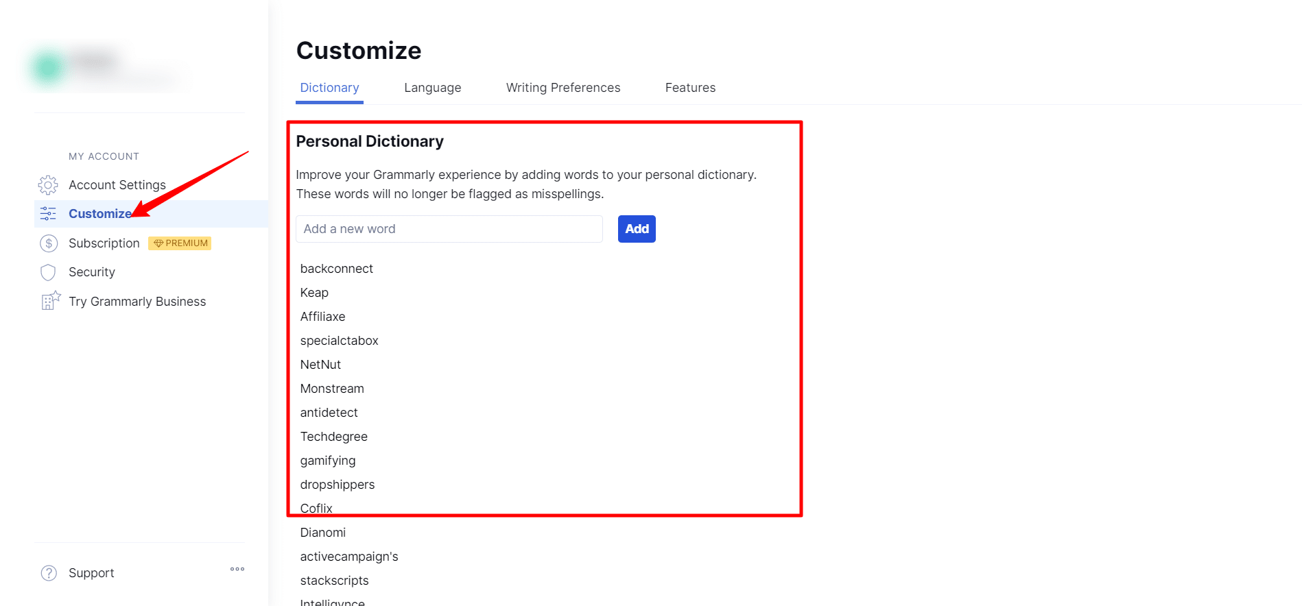 Grammarly customize options- dictionary