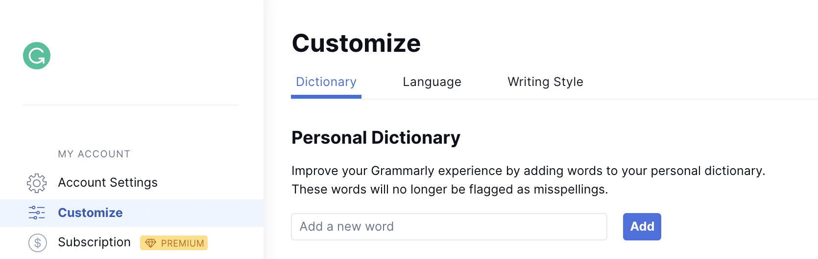 Grammarly personal dictionary customize section