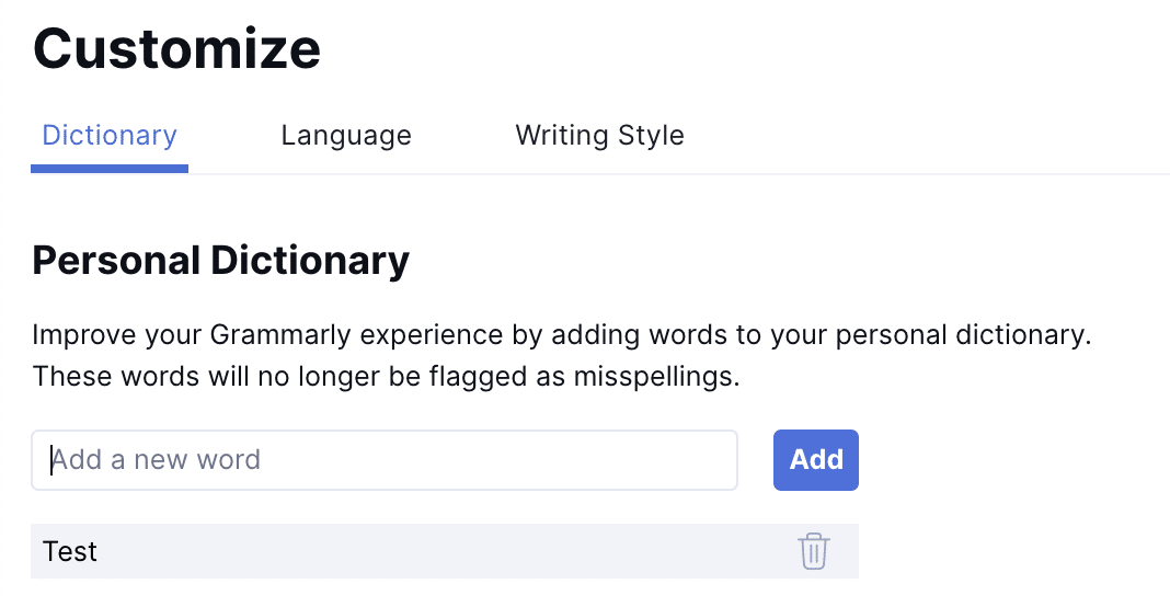 Grammarly personal dictionary