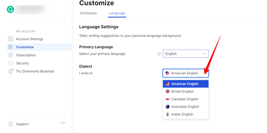 Grammarly language setting section